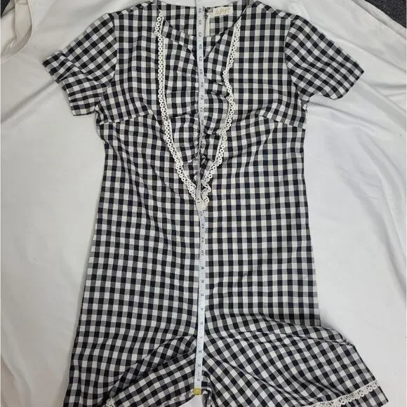 VINTAGE‎ 60s romper black and white check plaid ruffled shorts S